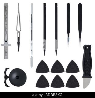 Set of tools for repairing electronic equipment, on a white background in isolation. Stock Photo