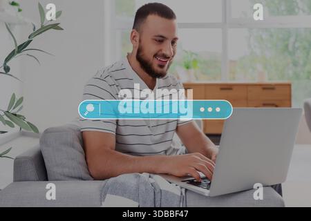 Young man using laptop at home. Concept of search Stock Photo