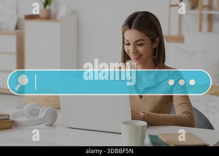 Young woman using laptop at home. Concept of search Stock Photo