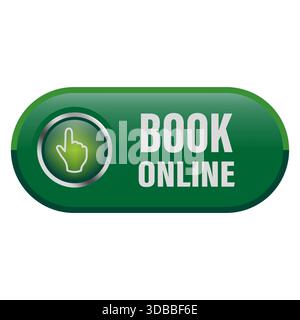 Book online button. Green rectangular icon. Digital reservation symbol. Vector glossy design. Stock Vector