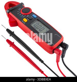 Compact digital multimeter with screen and probes, insulation. On a white background in isolation. Stock Photo