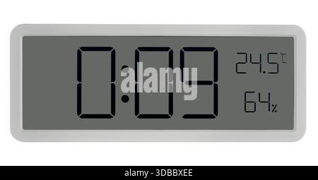 Large wall clock with white digits, alarm function, and temperature measurement. On a white background in isolation. Stock Photo