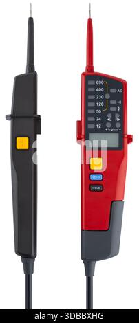 Red digital voltage indicator up to 690 V with continuity test function and screen backlight. On a white background in insulation Stock Photo