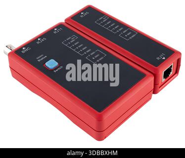 Red network cable tester with two modules for diagnosing breaks and short circuits. On a white background in insulation. Stock Photo
