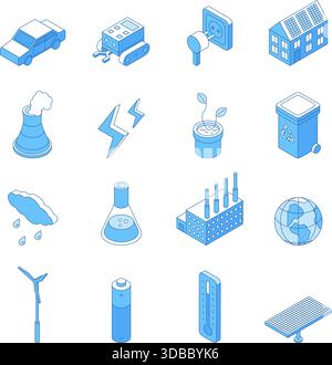 Green energy outline isometric. Global warming weather problems, clean power and energy icons. Solar panels, smart house, e-car, nifty vector set Stock Vector