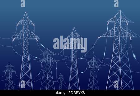 High voltage wires background. Transmission system landscape, city lines for power. Urban infrastructure with electric poles, sapid vector concept Stock Vector