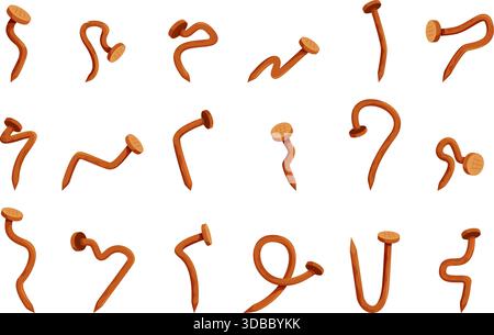 Rusty nails. Curved nail, old style hobnails cartoon icons. Industrial and repair equipment. Carpentry tools, iron elements for hanging and fastening Stock Vector