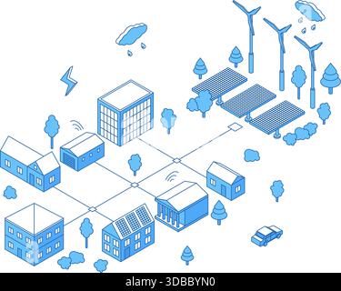 Isometric green energy district. Buildings powered by single grid of clean power generated by solar panels and wind turbines. Eco lifestyle nifty Stock Vector