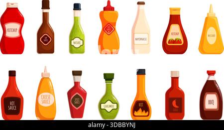 Cartoon sauce bottles. Ketchup wasabi cheese, mayonnaise and chili sauces. Food topping in plastic or glass bottle. Packaging sapid vector clipart Stock Vector