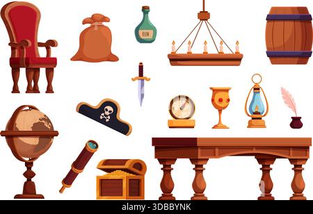 Pirate accessories and furniture. Ship interior elements, candles drink cup lantern. Adventures boat cabin furnitures. Wooden chair table globe, sapid Stock Vector