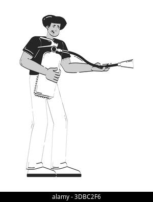 Anxious hispanic man using fire extinguisher doodle linear character Stock Vector