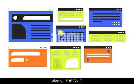 Multiple colorful user interface windows 2D cartoon objects set Stock Vector