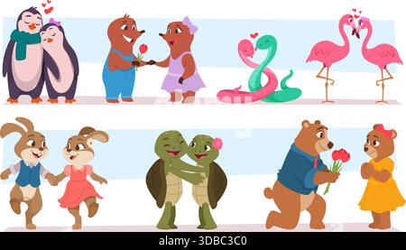 Animals in love. Romantic couples of different cute animals exact vector cartoon template Stock Vector