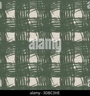 Sage green vector seamless plaid background pattern. Geometric check print in cozy warm colors. Modern brushstroke check blend. Woven print checkered Stock Vector