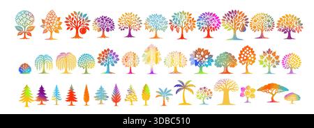 colored fruit tree cartoon set. A set of different trees. Hand drawn. Not AI, vector illustration. Stock Vector
