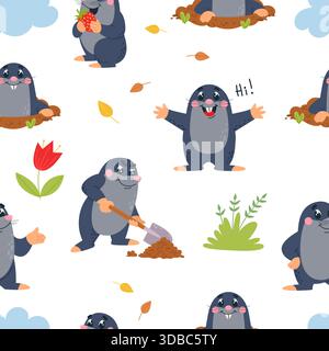 Cute moles seamless pattern. Funny mole digging ground, eating strawberry, have fun. Childish print with rodent for fabric, wrapping, classy vector Stock Vector