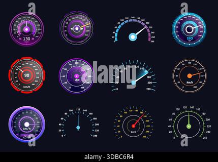 Digital speedometer. Odometer, tachometer speed gauge motorcycle race car rpm meter accelerate futuristic dashboard game hud interface dial neon light, kicky vector illustration original artwork Stock Vector