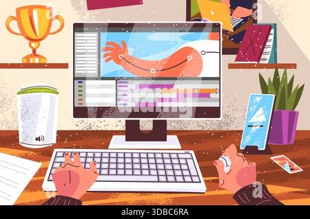 Artist computer workplace. Animator creation motion design for game, video editor studio desk freelance graphic designer creative work process pc monitor classy vector illustration original artwork Stock Vector
