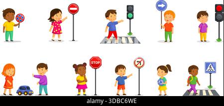 School kids learning traffic rules cartoon illustration set. Cute ...