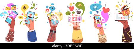 Hands use smartphone app. People hand hold cellphone with different mobile application, online order gift social media video call phone touch screen, classy vector illustration original artwork Stock Vector