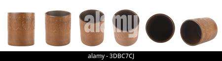 Large collection of clay glasses from different angles isolated on white background. Stock Photo