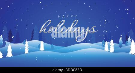 Blue winter background. Merry Christmas postcard template with winter forest and lettering phrase Happy Holidays. Festive banner Stock Vector