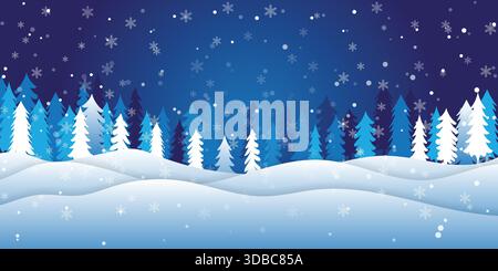 Holiday Card with Christmas Trees stock illustration blue winter background, merry christmas postcard template Stock Vector