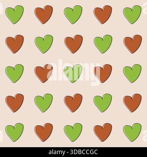 Seamless pattern with green and brown hearts on light pink background. For children clothes, fabrics, wrapping paper. Vector Stock Vector