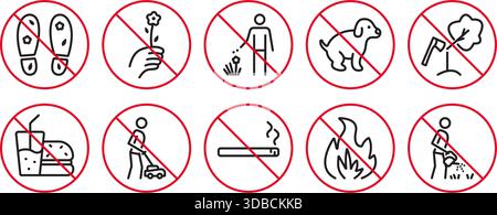 Black and red line lawn prohibitory vector icon set. Outline round crossed out signs for parks, gardens and farms. Linear prohibitive symbols, editabl Stock Vector