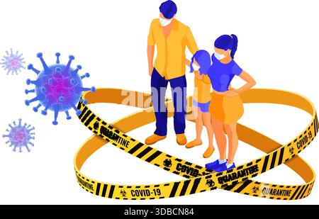 covid-19 coronavirus quarantine stay home with shield protect family in masks inside warning barrier tape. pandemic covid-19 coronavirus outbreak. iso Stock Vector