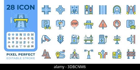 Road infrastructure pixel perfect line color icons set Stock Vector