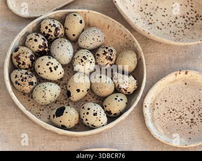 Close-up of speckled quail eggs arranged in a ceramic bowl on textured fabric. Natural light photograph showing raw eggs with spotted shells and handm Stock Photo