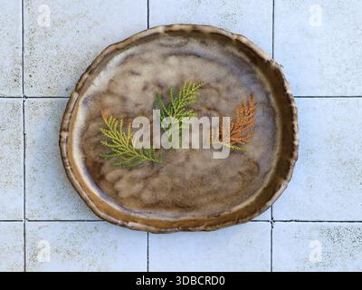 Top view still life of a rustic handmade ceramic plate with evergreen branches arranged on tiled surface. Natural textures and muted tones create a ca Stock Photo