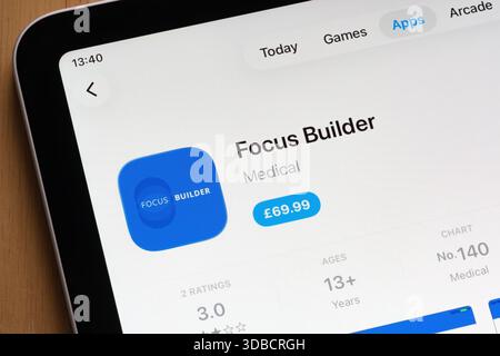 Focus Builder app listing shown on the Apple iPad App Store with rating and summary. Stafford, United Kingdom, December 15, 2025 Stock Photo