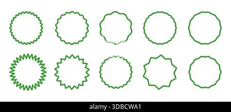 Set of green curve edge frames. Wavy red circles. Circle lined borders. Simple round frames. Graphic illustration. Design of green geometric line Stock Vector