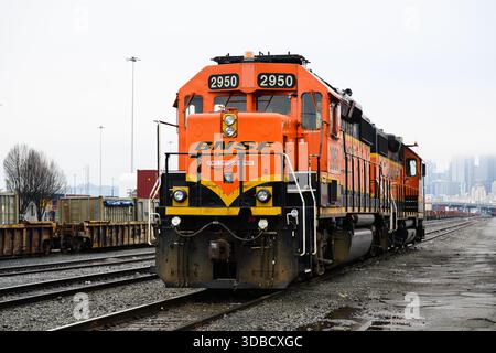 Seattle - December 13, 2025; BNSF remote control equipment locomotive GP39-2 in freight yard Stock Photo