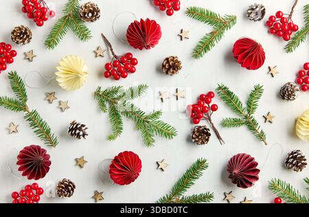 christmas ornaments and decorations on white background, flat lay composition, Christmas card Stock Photo