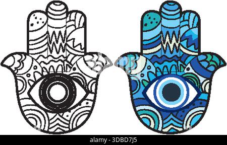 Two stylized Hamsa hands, one colored in blue, with intricate patterns and central eye motif Stock Vector