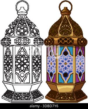 Intricate Middle Eastern lantern in color and outline, geometric patterns, vibrant stained glass panels Stock Vector
