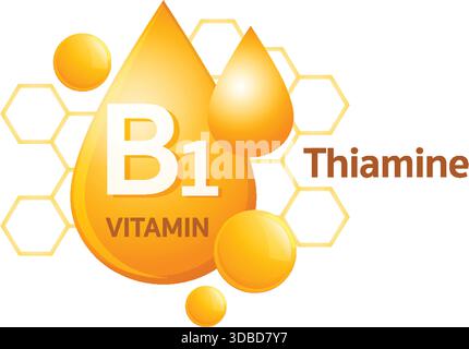Bright vector illustration of vitamin B1 thiamine with orange droplets and hexagonal background elements Stock Vector