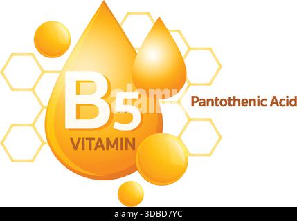 Bright vector design of vitamin B5 drop, hexagonal background, glossy orange gradients, modern style Stock Vector