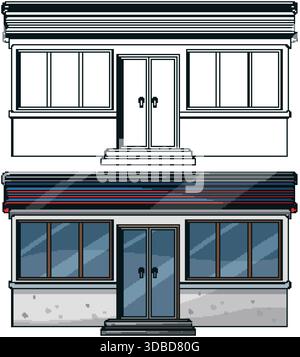 Detailed abandoned storefront vector, colored and outline versions, flat perspective, clean commercial design Stock Vector