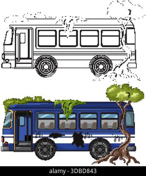 Vector illustration of derelict blue bus overtaken by trees and moss, line-art and colored versions Stock Vector