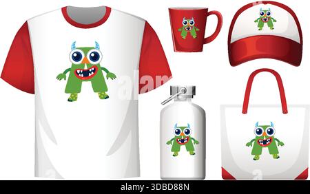 Playful green monster vector design printed on t-shirt, mug, cap, bottle, and tote bag Stock Vector