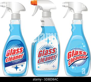 Vector illustration of three blue glass cleaner spray bottles with labels, white background, bright colors Stock Vector