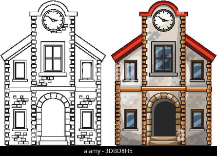 Detailed stone clock tower building with arched entrance, colored and outline vector versions side-by-side Stock Vector