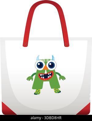 Playful green cartoon monster with big eyes and horns printed on a white tote bag Stock Vector