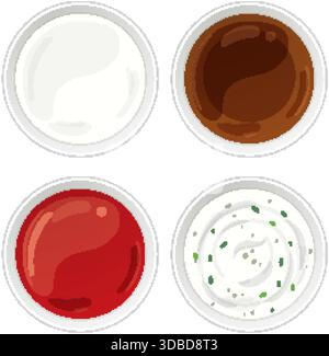Vector illustration of four assorted Asian sauces in bowls, top-down view, clean flat style Stock Vector