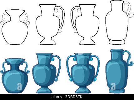 Ancient amphora vases illustrated in progressive vector stages, blue color palette, clean outlines Stock Vector