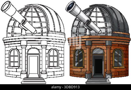 Detailed observatory exterior with dome telescope, colored and outline versions, clean vector style Stock Vector